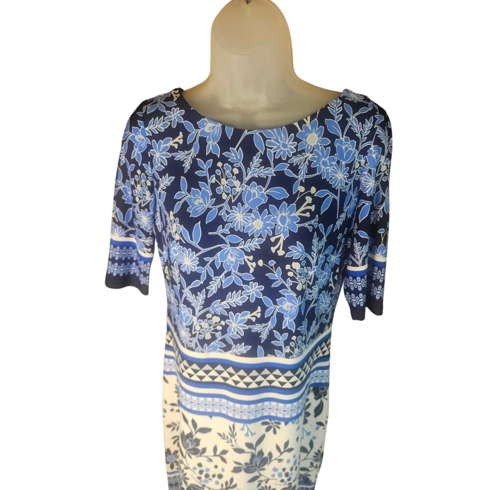 Eliza J Navy Lt Blue Sheath Dress Sz 4 Stretchy Gold Hardware zip Lined - Picture 3 of 9